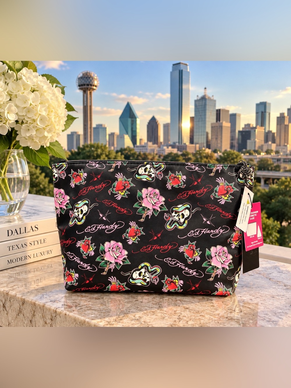 Ed Hardy Black Cosmetic Pouch with Pink Roses & Red Heart Skulls
